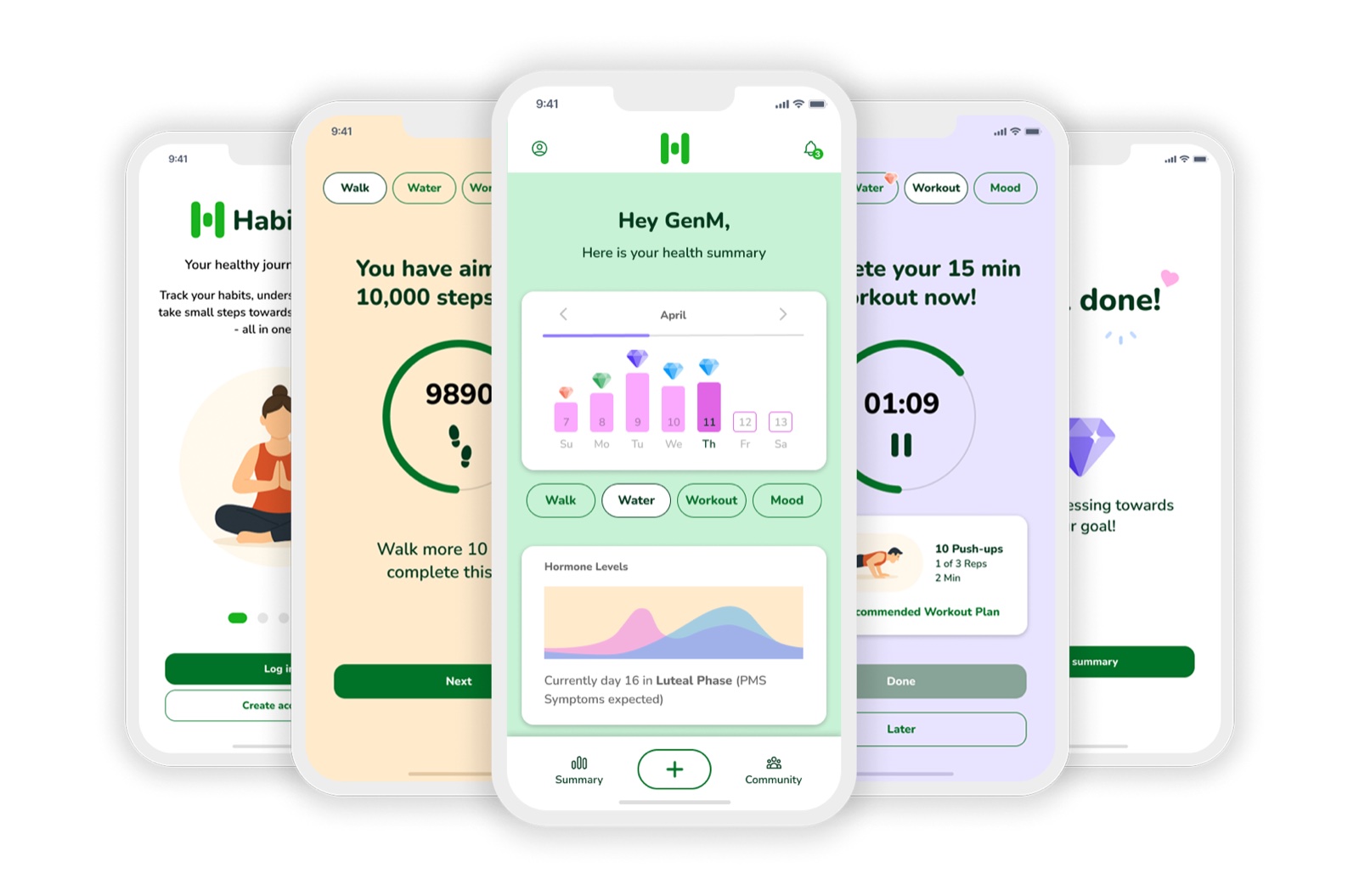 HabitHero: onboarding, step goal, health summary, workout timer and a completed goal