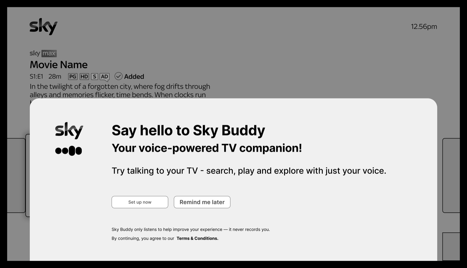 The home screen, with Sky Buddy offering to set itself up